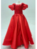 Short Sleeves Red Lace Satin Flower Girl Dress